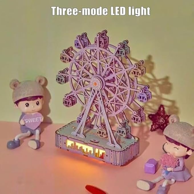 3D WOODEN PUZZLE - FERRIS WHEEL MUSIC BOX KIT WITH DECORATIVE LIGHT, 3D PUZZLE - WOODEN MODEL KIT FOR CRAFTS FOR ADULTS, TEENAGERS & CHILDREN, DIY DECORATION FOR HOME - Image 4